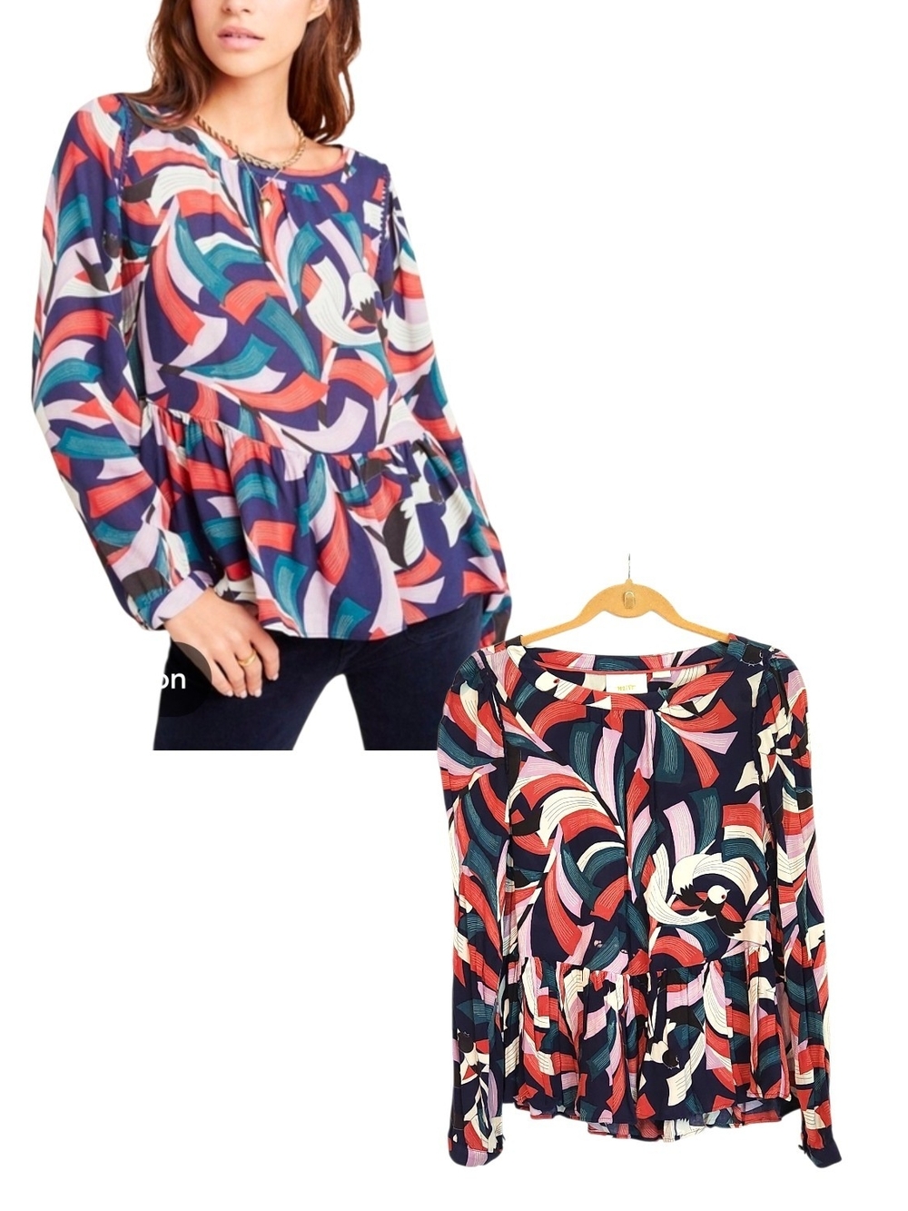 Anthropologie Maeve Cheyenne Bird Print Peplum Blouse Navy Multi Abstract Small